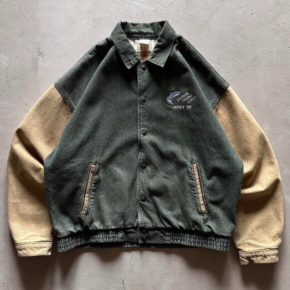 vintage 90s green tan fish boxy varsity jacket - Picture 1 of 6